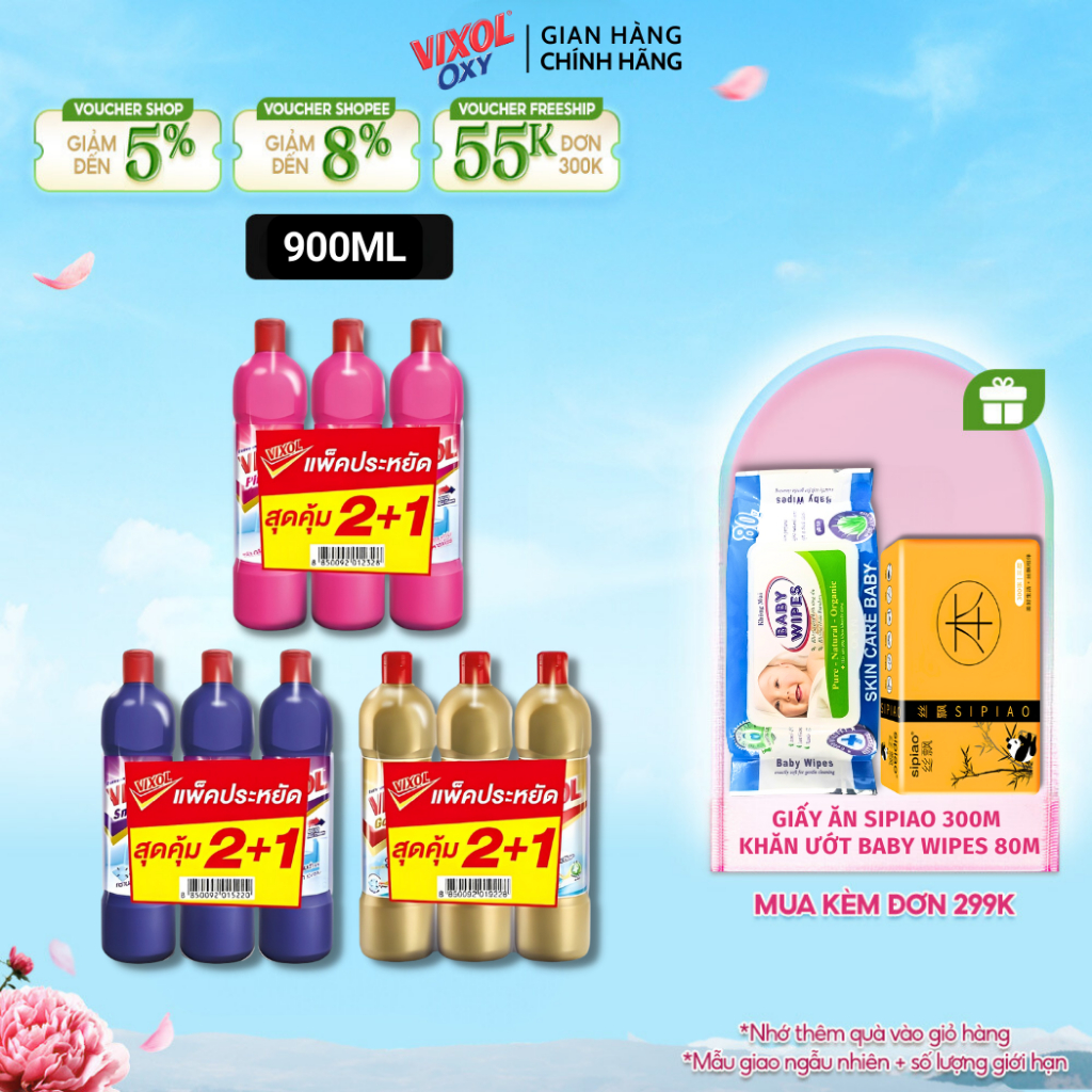 Combo tẩy bồn cầu vixol nước tẩy rửa nhà vệ sinh toilet mua 2 tặng 1 thái lan 900ml