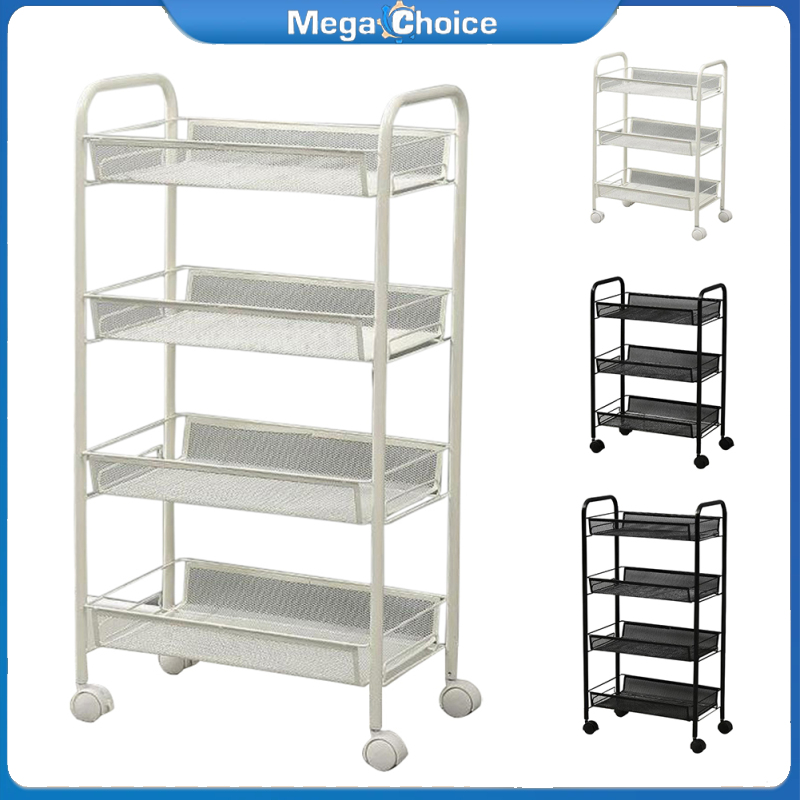 MegaChoice 3 Tier/4 Tier Metal Rolling Cart, Utility Rolling Carts With Handle, Lockable Casters, Storage Trolley With 2 Hooks & 2 Hanging Storage Bucket For Kitchen, Living Room ราคา 915 บาท*ส่งฟรี