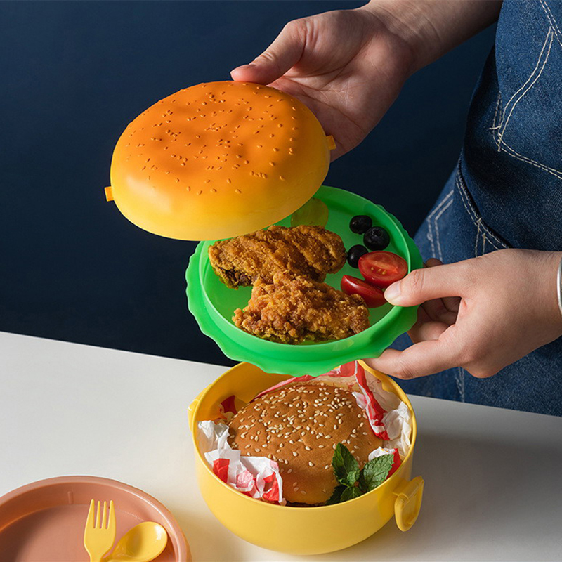 [Sirola] Bánh hamburger Hộp Ăn Trưa hai tầng dễ thương Burger Bento hộp lò vi sóng trẻ em trường bữa ăn thực phẩm container Ngã Ba Bộ đồ ăn Bộ quà tặng