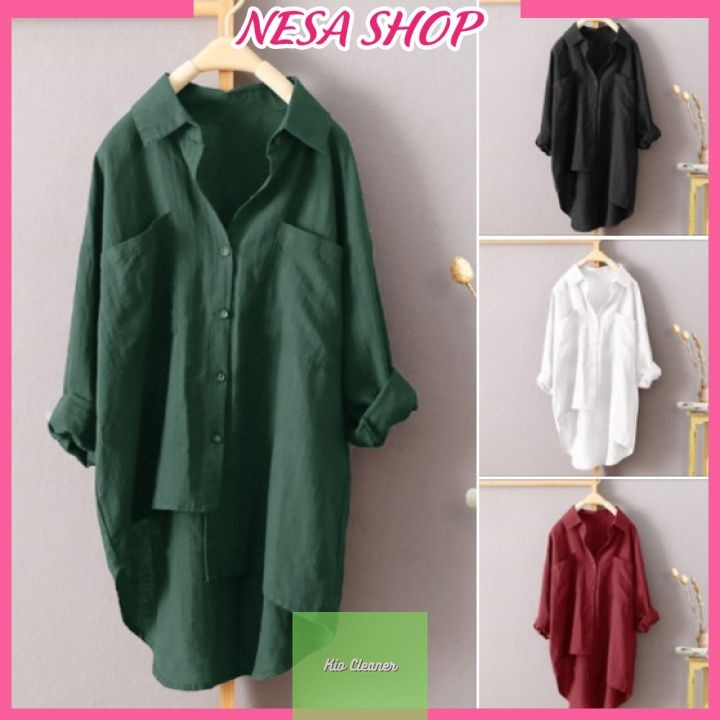 Áo sơ mi nữ phom rộng dài tay kiểu tà lệch , chất liệu Đũi tơ mềm mịn NeSa SMH.31