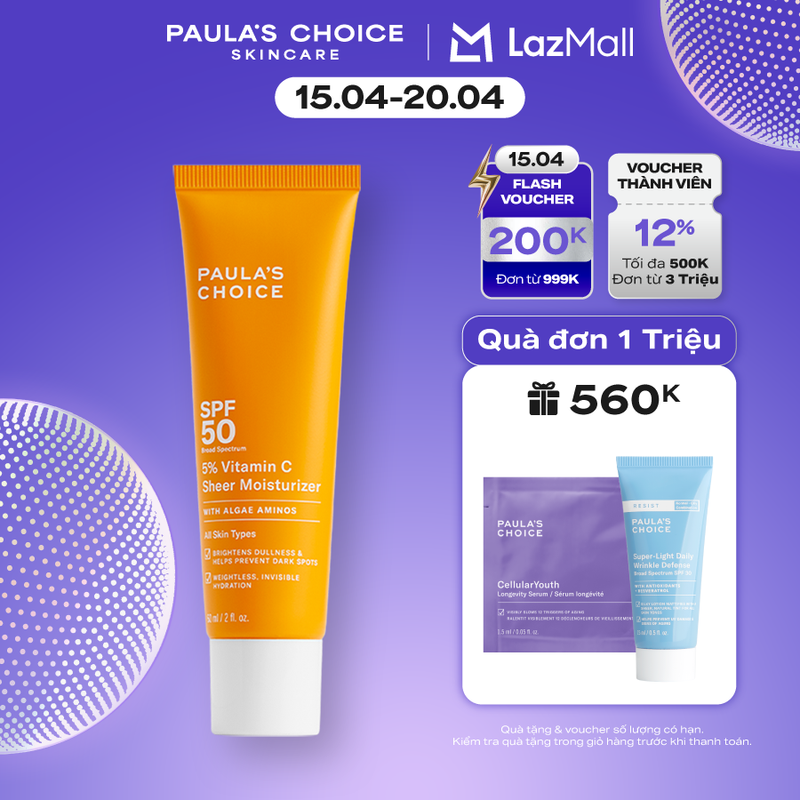 Kem chống nắng dưỡng ẩm giúp làm sáng và đều màu da SPF 50 Paula's Choice 5% Vitamin C 60ml - 1360