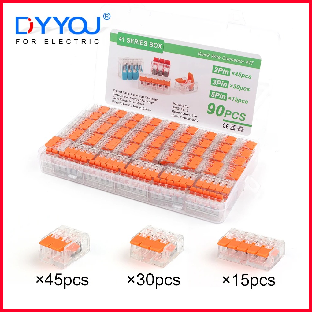 【HOT CONNECTOR 121】 75/90PCS Orange Universal Splicing Wire Connector Assortment, Electrical Equipment Connectors, 2/3/5 Pin Terminal Kit,250V/32A