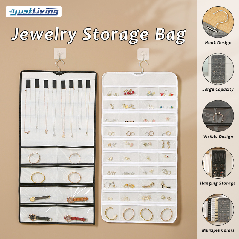 JustLiving 48/80 Grids Hanging Zipper Jewelry Roll Bag For Ring Earrings Organizer Storage Bag Portable Necklace Display Bags Felt Earring Storage Hanging Bag Dual Sided Pocket Hook Storage Bag ราคา 236 บาท*ส่งฟรี