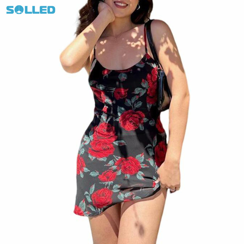 Women's Sleeveless Dress U-Neck Spaghetti Strap Flower Print Dress A-Line Flared Short Dresses Beach Sundress ราคา 130 บาท*ส่งฟรี