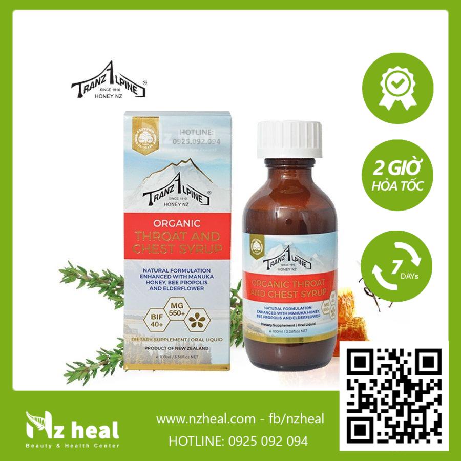 Siro mật ong Tranzalpine Organic Manuka Throat and Chest Syrup MG550+