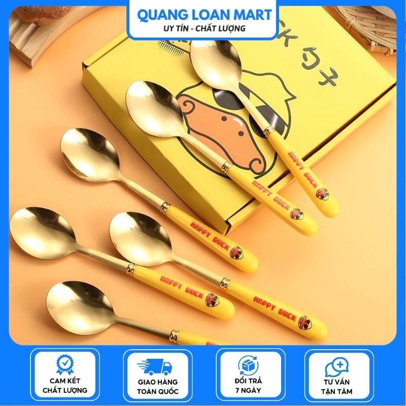 Set 6 Thìa Vịt Vàng DUCK Dễ Thương Kèm Hộp Đựng Xinh Xắn - Bộ 6 Muỗng Hình Vịt Mạ Vàng Cán Dài Cho Bé Ăn Dặm