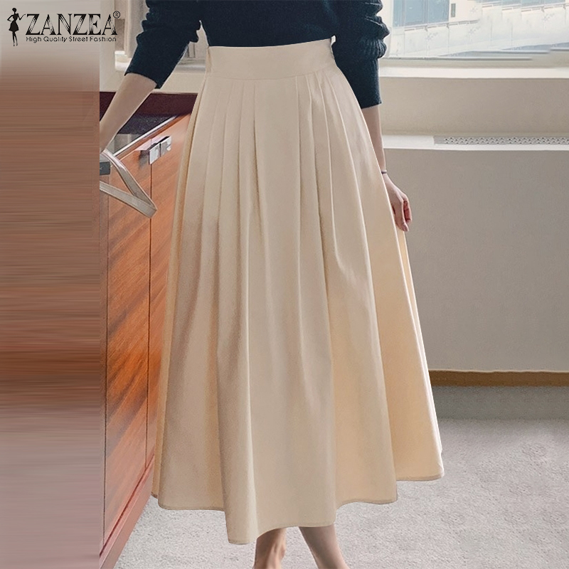 Queean ZANZEA Korean Style Women High Waist Pleated Skirt Elegant Commute A