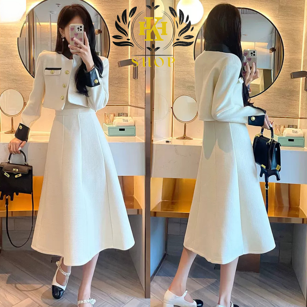 Set dạ tiểu thư - Set váy dạ dáng dài Áo khoác cổ tàu đính cúc đồng kèm chân váy xếp ly dáng xòe cực xinh mùa Thu Đông