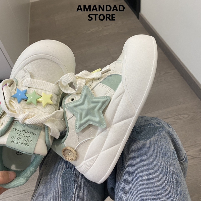 QiaoYiLuo New round Toe Women's Board Shoes Thick Bottom Milk Huhoo Bread Summer White Shoes Versatile Casual Shoes Cute ราคา 438 บาท*ส่งฟรี