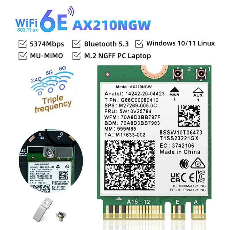 (NOWX) WiFi 6E AX210 Bluetooth 5..2 Wireless Network Card 5374Mbps 2.4Ghz 5Ghz 6Ghz 802.11ax Wifi Ad