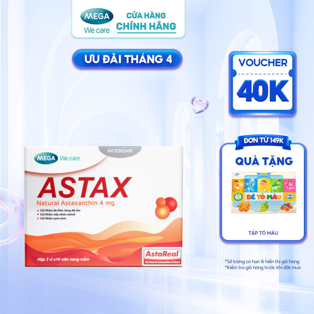 Viên uống trắng da, mờ sạm nám, tăng độ ẩm, mờ nếp nhăn - Astaxanthin - ASTAX Mega We Care (30 viên)
