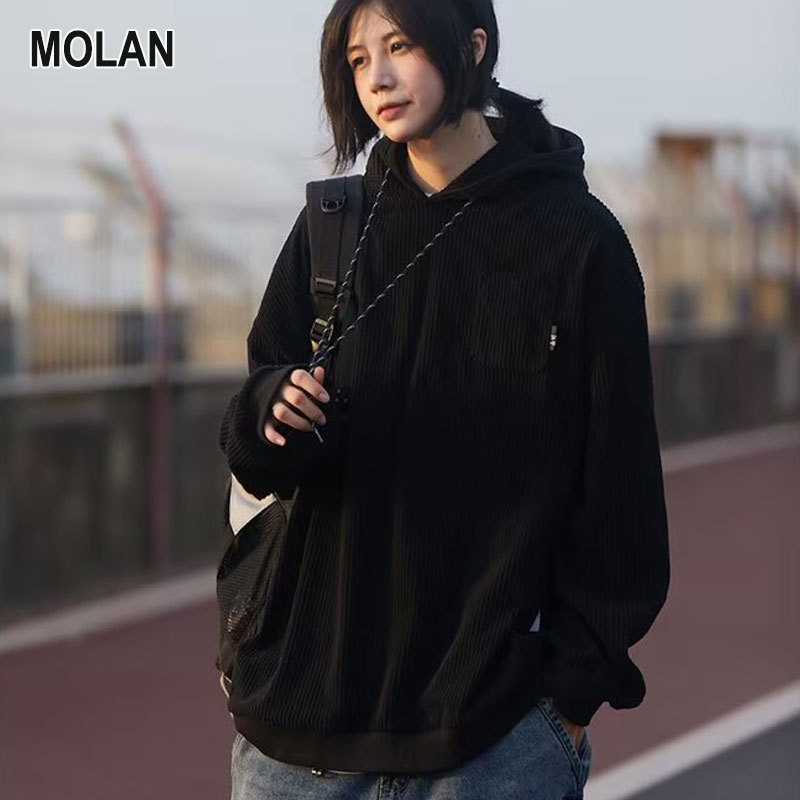 MOLAN Áo hoodie nam Áo len nhung kẻ nam cổ điển nặng cứng đôi áo khoác có mũ đôi mùa thu