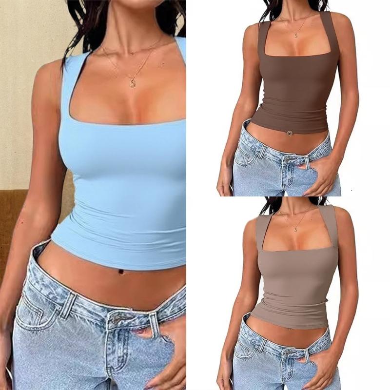 Phong Cách Cổ Vuông hai lớp áo ba lỗ Cho Phụ Nữ cô gái tuổi teen Cơ bản Quần Áo áo ba lỗ mùa hè không tay Cho Mặc Giản Dị