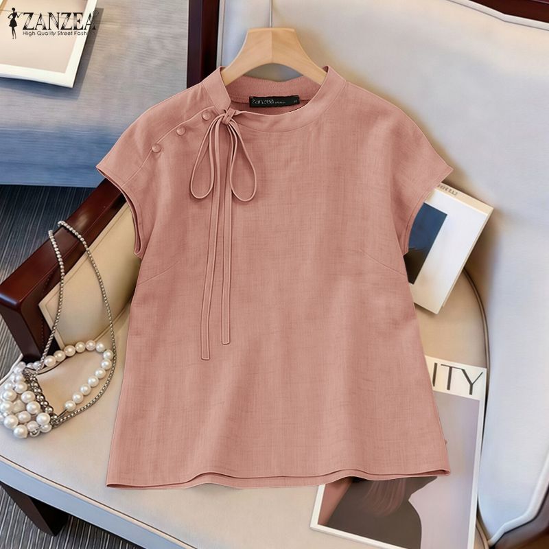 ZANZEA Women Summer Bowknot Lace-Up Blouses Stand Collar Crew Neck Solid Color Top #0713 ราคา 362 บาท*ส่งฟรี