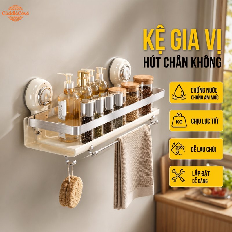 CuddleCove Kệ gia vị inox 304 dán tường hút chân không chống gỉ chịu lực chống nước kệ nhà bếp phòng tắm gọn gàng dễ vệ sinh