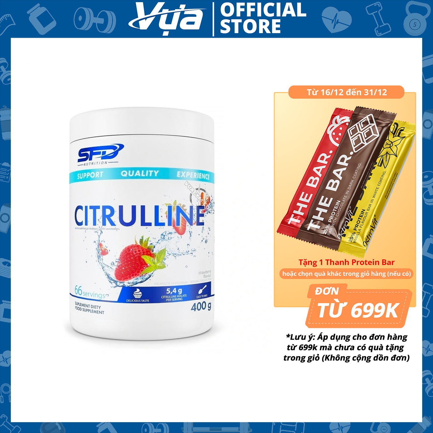 Bột SFD - Citrulline (400g) - Hỗ Trợ Tăng Sức Mạnh, Nâng Cao Hiệu Suất Tập Luyện, Chính Hãng