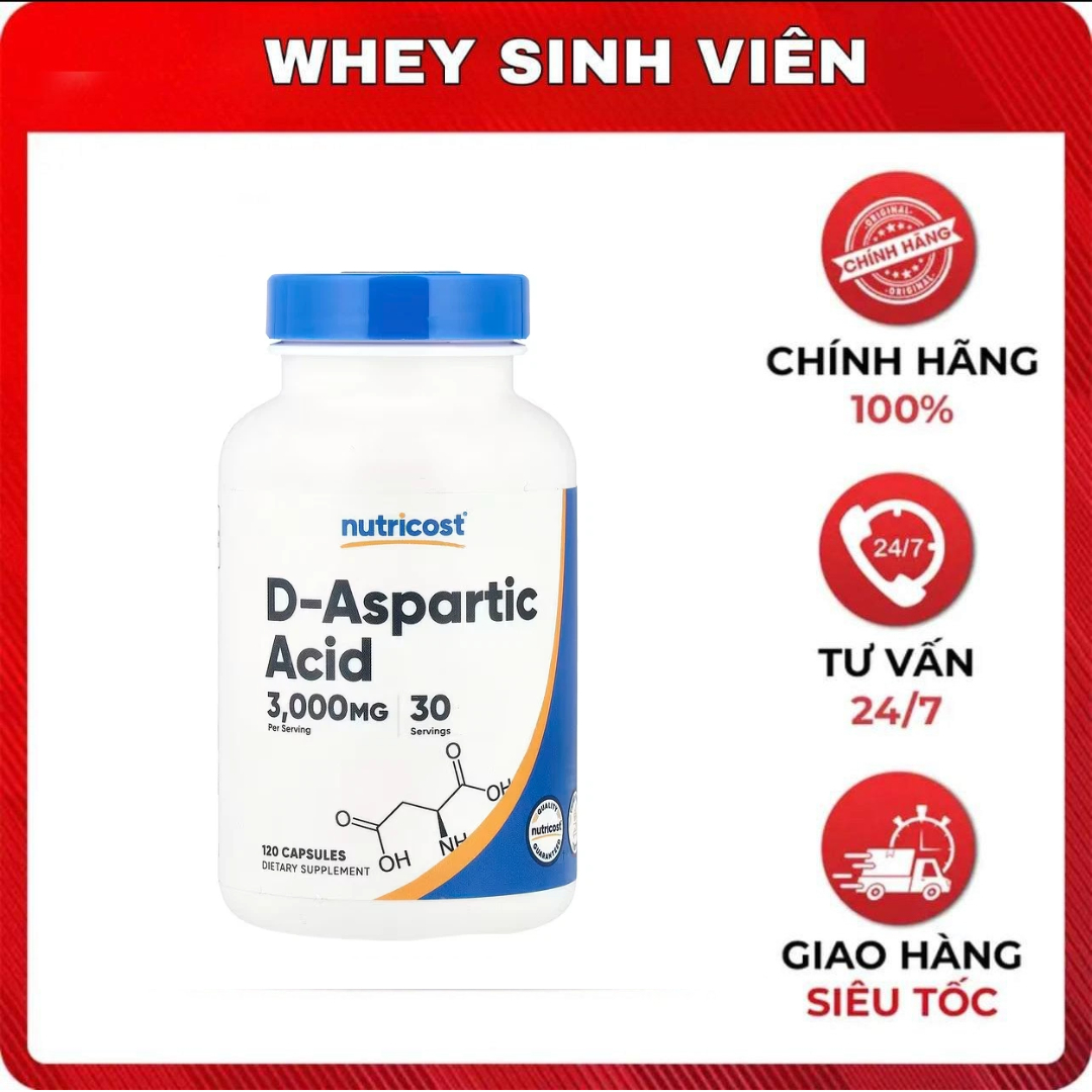 Viên uống Nutricost D-Aspartic Acid 3000mg – Tăng Testosterone, Cải thiện Sức Mạnh – 120 viên - Whey Sinh Viên HP