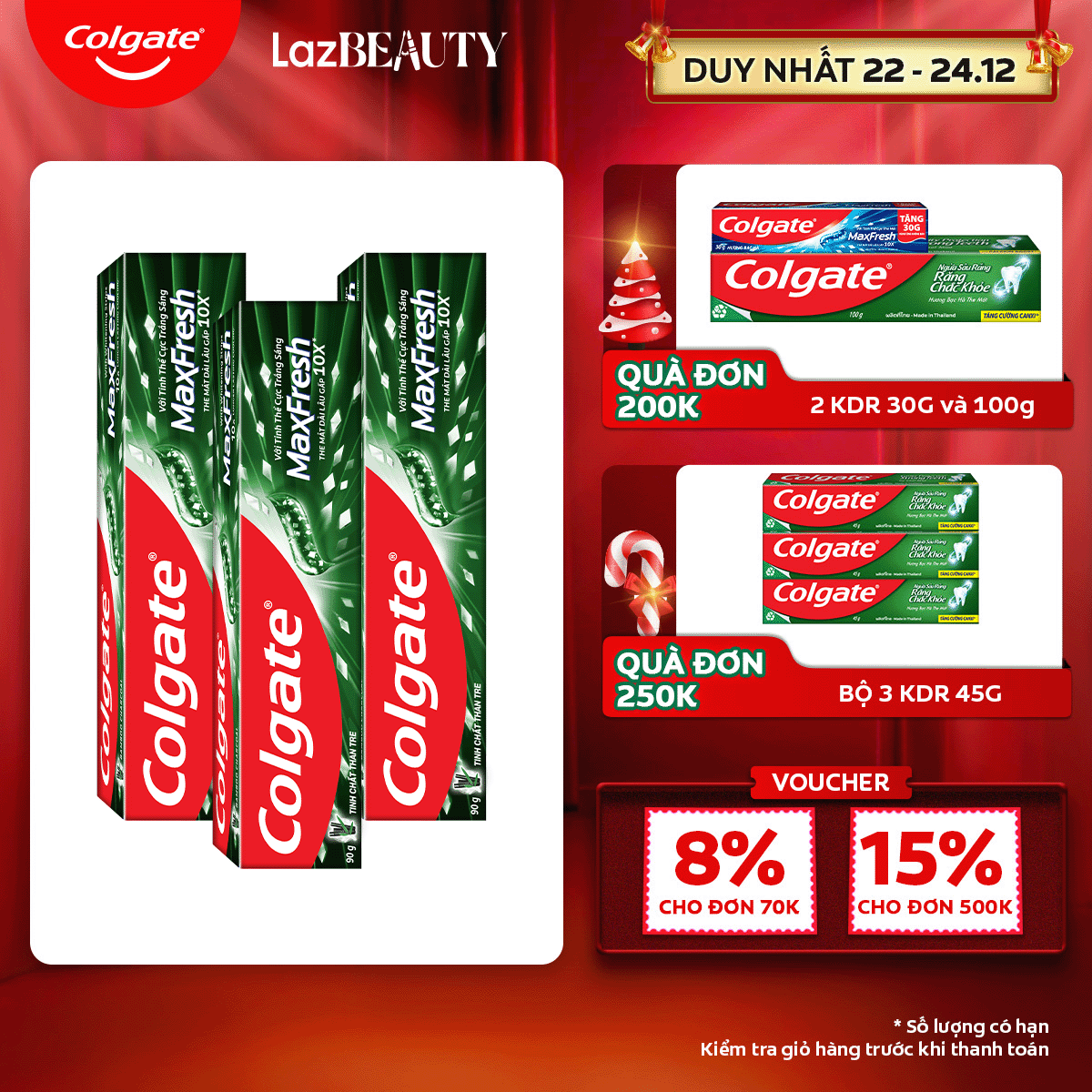 [Chỉ 22 - 24.12_Áp Voucher giảm thêm 8%]Bộ 3 Kem đánh răng hơi thở thơm mát và làm trắng răng Colgate Maxfresh Bamboo Charcoal 90g