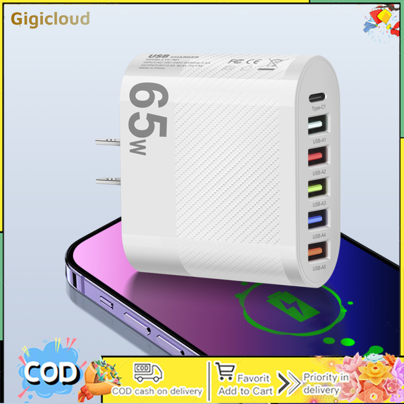 65W USB Wall Charger Block PD QC 3.0 Fast Charging Block Plug 5 USB A Ports 1 Type C Adapter For Laptops Smart Phone Tablet PC