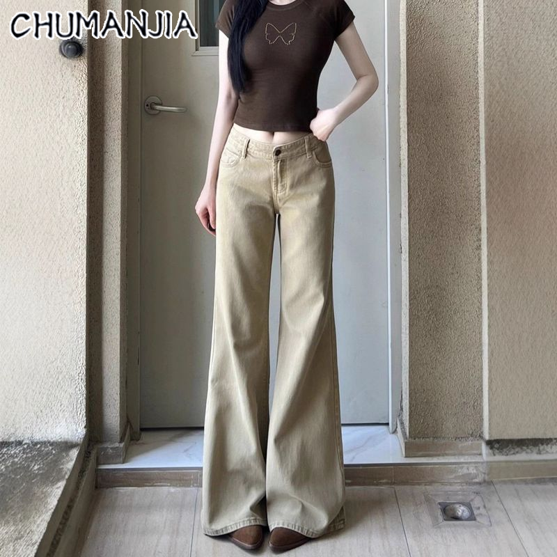 Chu Man Jia Mỹ Retro quần jean rộng Phụ Nữ Eo cao vừa rộng thẳng thon HEM quần dài với chi tiết nút