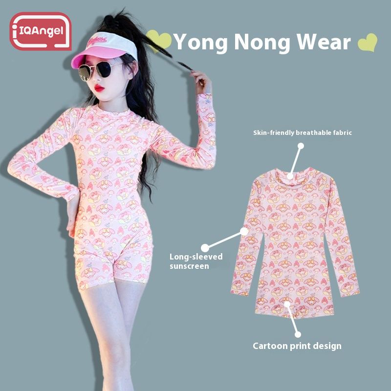 Áo tắm bé gái IQAngel, áo tắm một mảnh chống nắng dài tay cho trẻ em, in hình giai điệu dễ thương