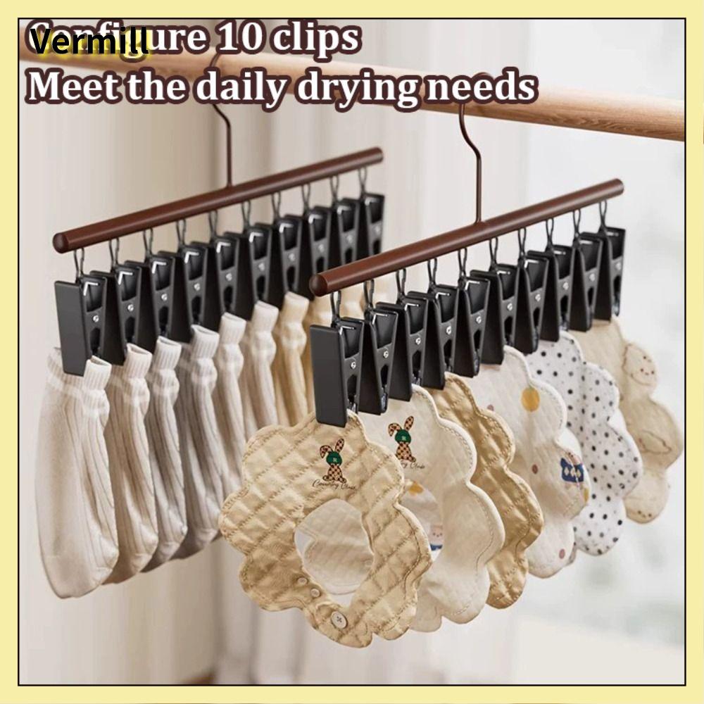 VERMILL 1PC Chống gió Móc treo quần áo Thép không gỉ với 10 clip Giá phơi đồ Cao cấp Chống gỉ Giá phơi quần áo cho tất và đồ lót