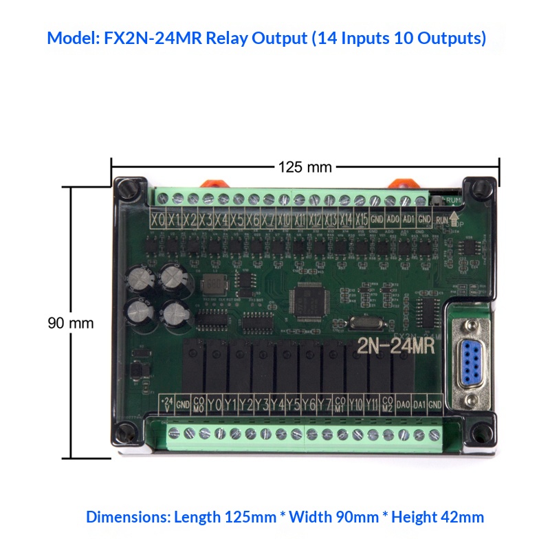 Board Mạch PLC Mitsubishi HH FX2N 10MT/MR - 32MT/MR AD/DA-232 HH2N  tải chương trình RS232 DB9 nguồn điện 24V GX-Works2 - FX2N-24MR Có Vỏ