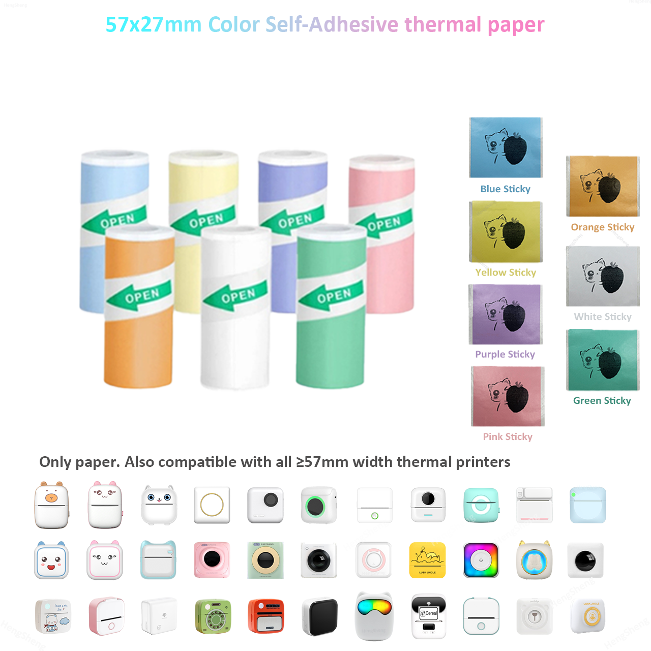 【On Sale】 Mini Printer Thermal Paper Color Label Sticker 57mm 10ft Self-adhesive Thermal Printing Pa