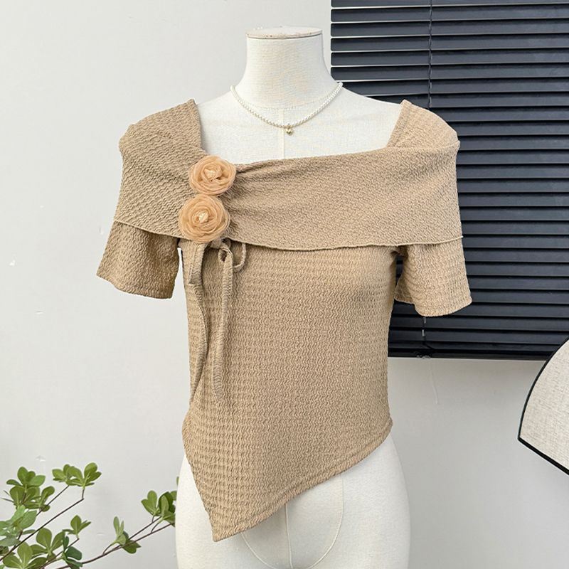 Luxqlo áo cánh Vải Voan Nữ tay ngắn cổ vuông phong cách Hàn Quốc Áo dáng ôm thời trang mới