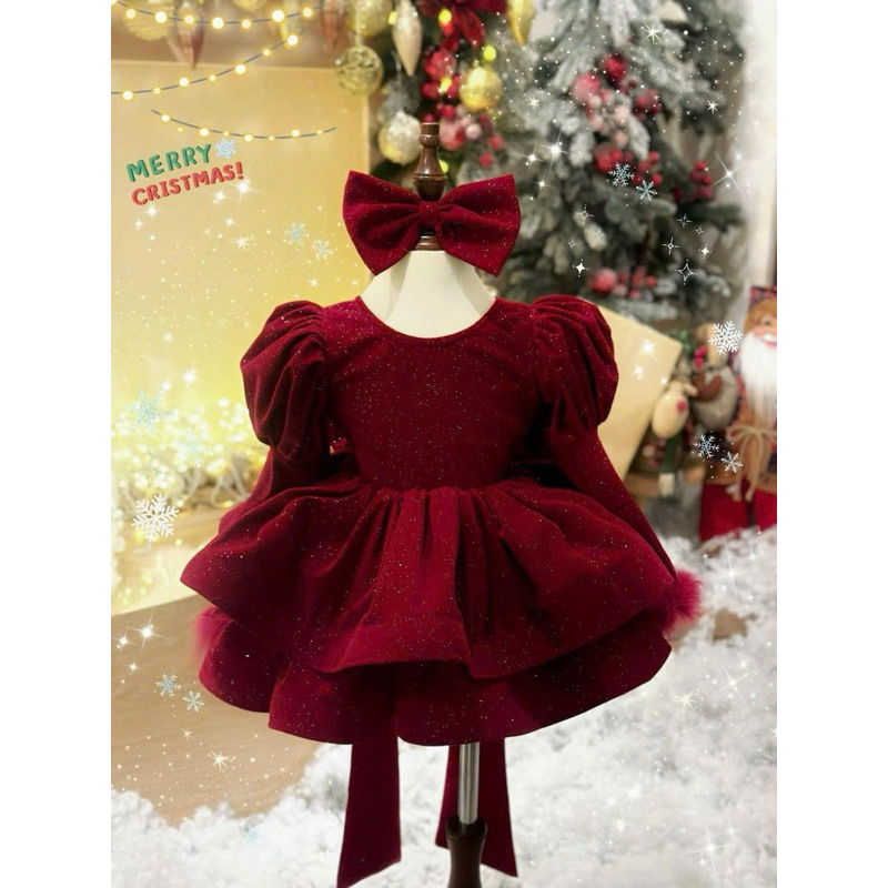 Váy đầm bé gái CS698 váy nhung đỏ 2 tầng tay lông cho bé mặc noel giáng sinh tết