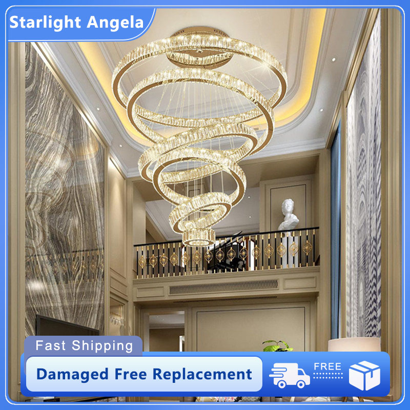 Stepless Dimming Crystal Chandelier Luxury Staircase Chandelier Villa LED Remote Control Ceiling Light Duplex Decorative Lighting ราคา 6,804 บาท*ส่งฟรี