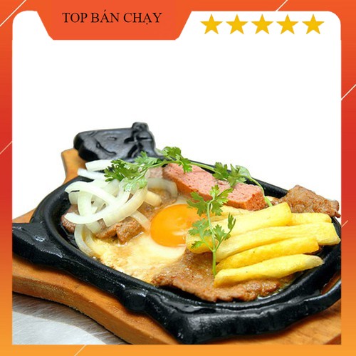 Chảo gang nướng thịt và đế gỗ cho bò bít tết