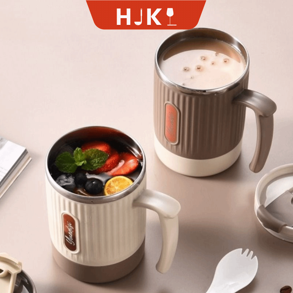 HJKL Dung lượng lớn Cốc nước bằng thép không gỉ Muỗng có nắp đậy Chịu nhiệt Cốc cà phê Di động Có tay cầm Cốc cách nhiệt Sử dụng tại nhà