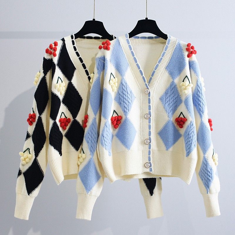 Áo cardigan Áo len in hình dệt hoa Hàn Quốc Áo Khoác Cardigan cổ chữ V thời trang Áo cardigan dệt kim mùa thu và mùa đông nữ