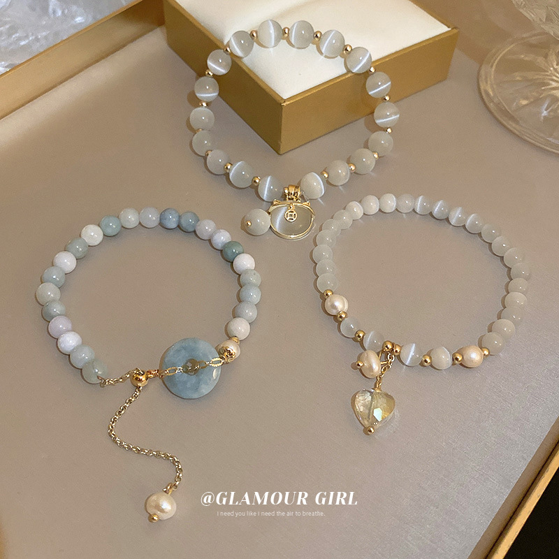 Trung Quốc ngọc trai an toàn khóa mèo mắt thạch ngọc bội tình yêu vòng đeo tay mèo thời trang điều chỉnh vòng tay nghệ thuật đồ trang sức YASX