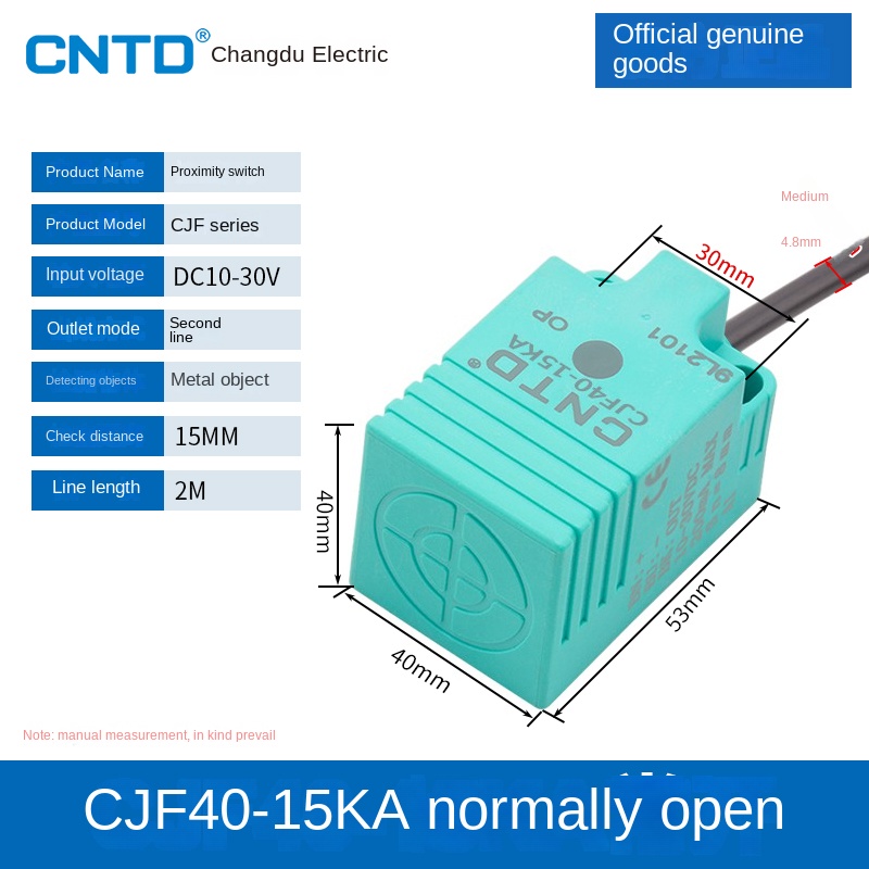 Cảm Biến Tiệm Cận CJF40-15KA CNTD | CJF18-05NA/NB/PA/PB/LA - NPN/PNP, 3 Dây DC, Phát Hiện Kim Loại 5-15mm Cho Tự Động Hóa
