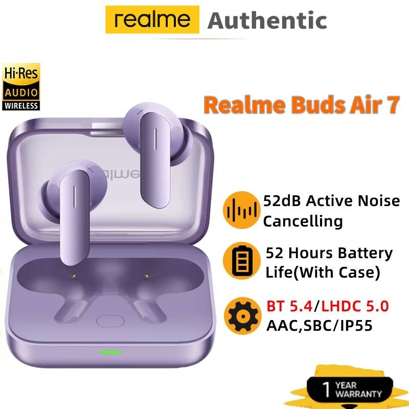 Realme Buds Air 7 52dB Active Noise Cancelling True Wireless Earphone 52 Hour Battery LHDC 5.0 TWS Earbuds IP55