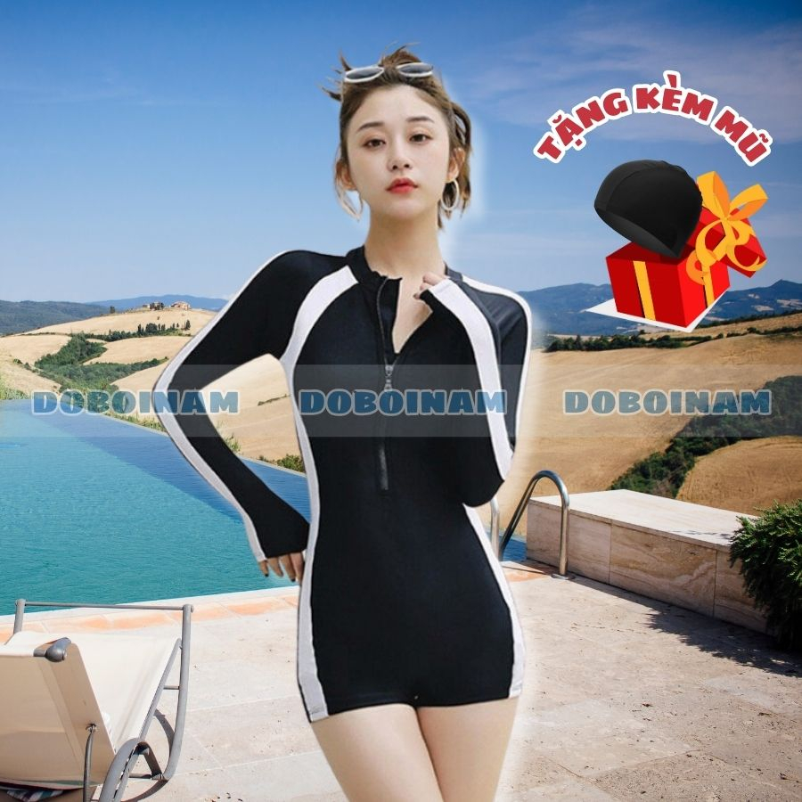 Áo bơi nữ liền thân dài tay Haizid Đen Trắng co giãn 4 chiều TẶNG kèm mũ bơi