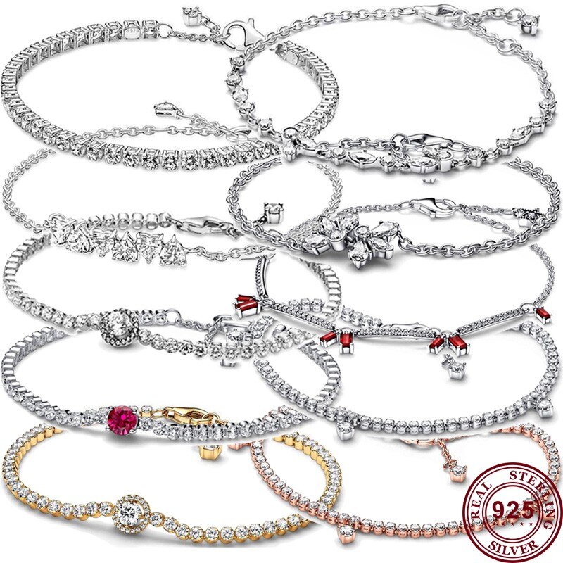 Mới bán chạy 925 Bạc Lấp Lánh Và Màu Đỏ Quần Vợt Nữ nguyên bản Của hình trái tim tình yêu Logo Vòng đeo tay hình hoa Wedding DIY trang sức quyến rũ Thời Trang