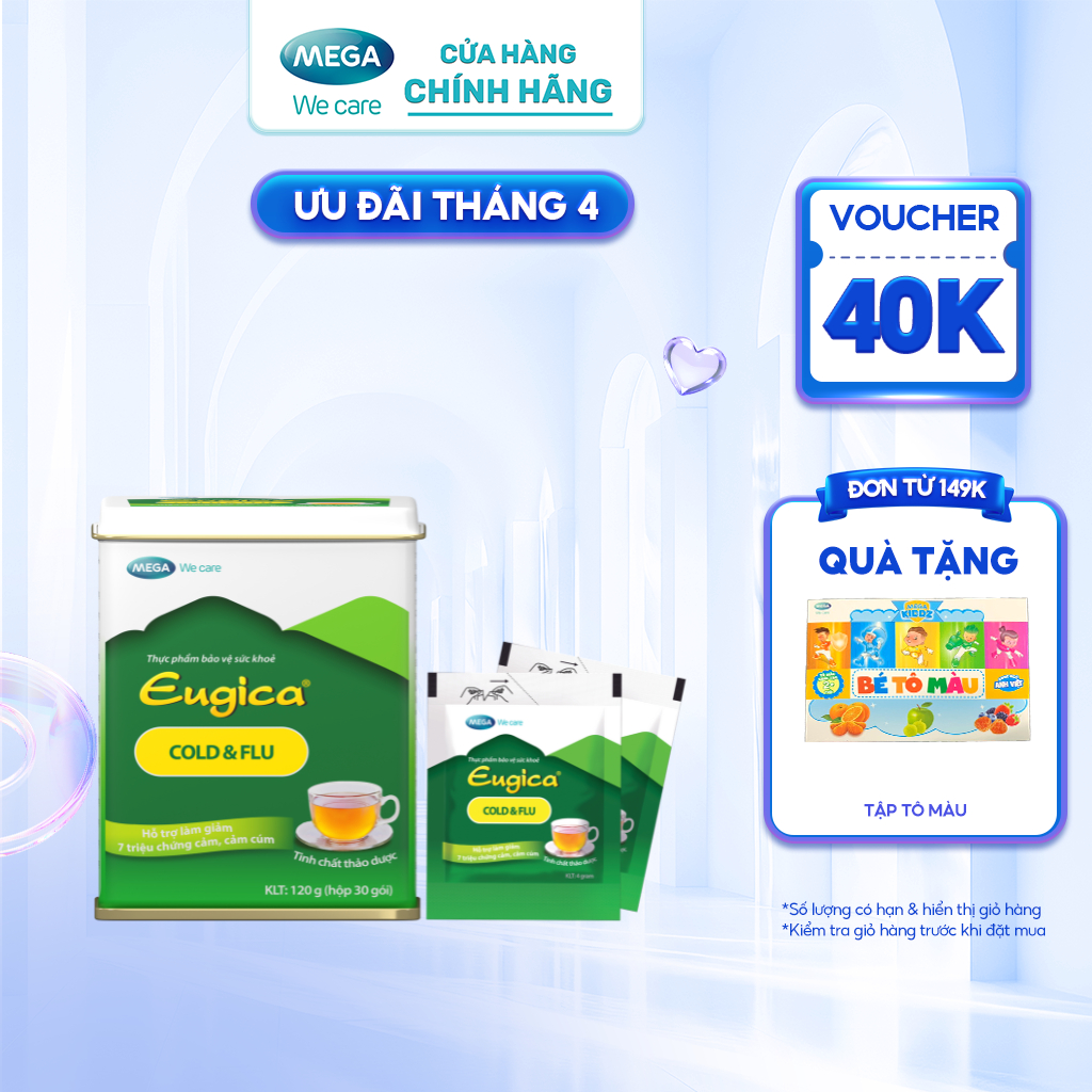 Tinh chất thảo dược phòng ngừa, giảm cảm cúm: chảy mũi, hắt hơi, đau họng, đau đầu - EUGICA COLD & FLU hộp 30 gói