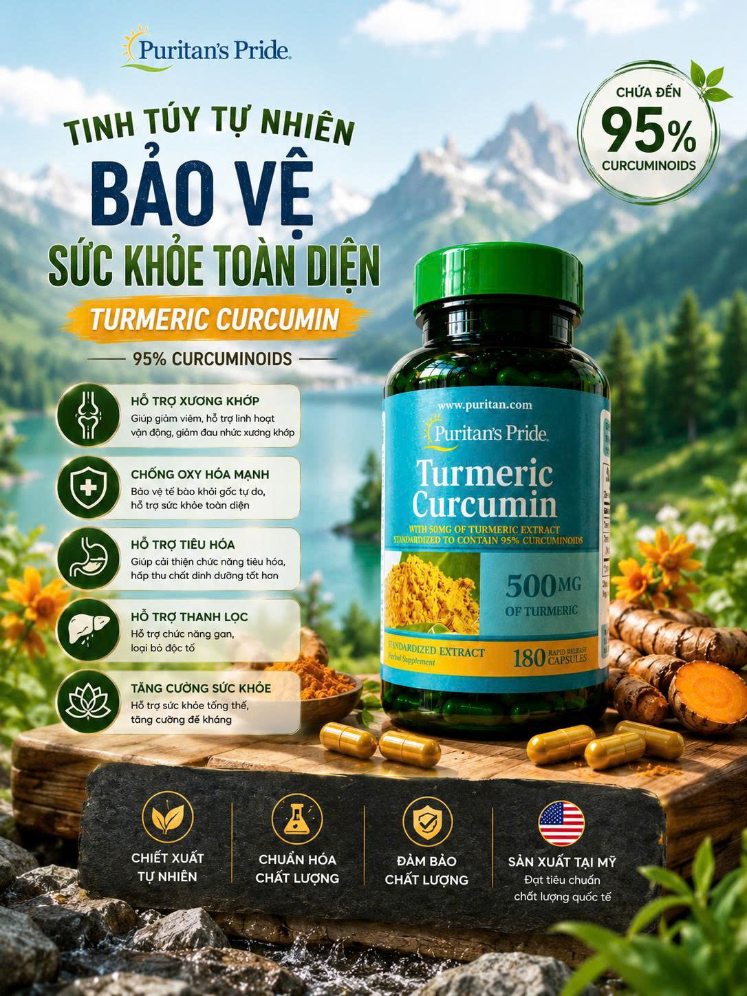 Turmeric Curcumin 500mg Puritan's Pride (180 Viên) Nhập Mỹ