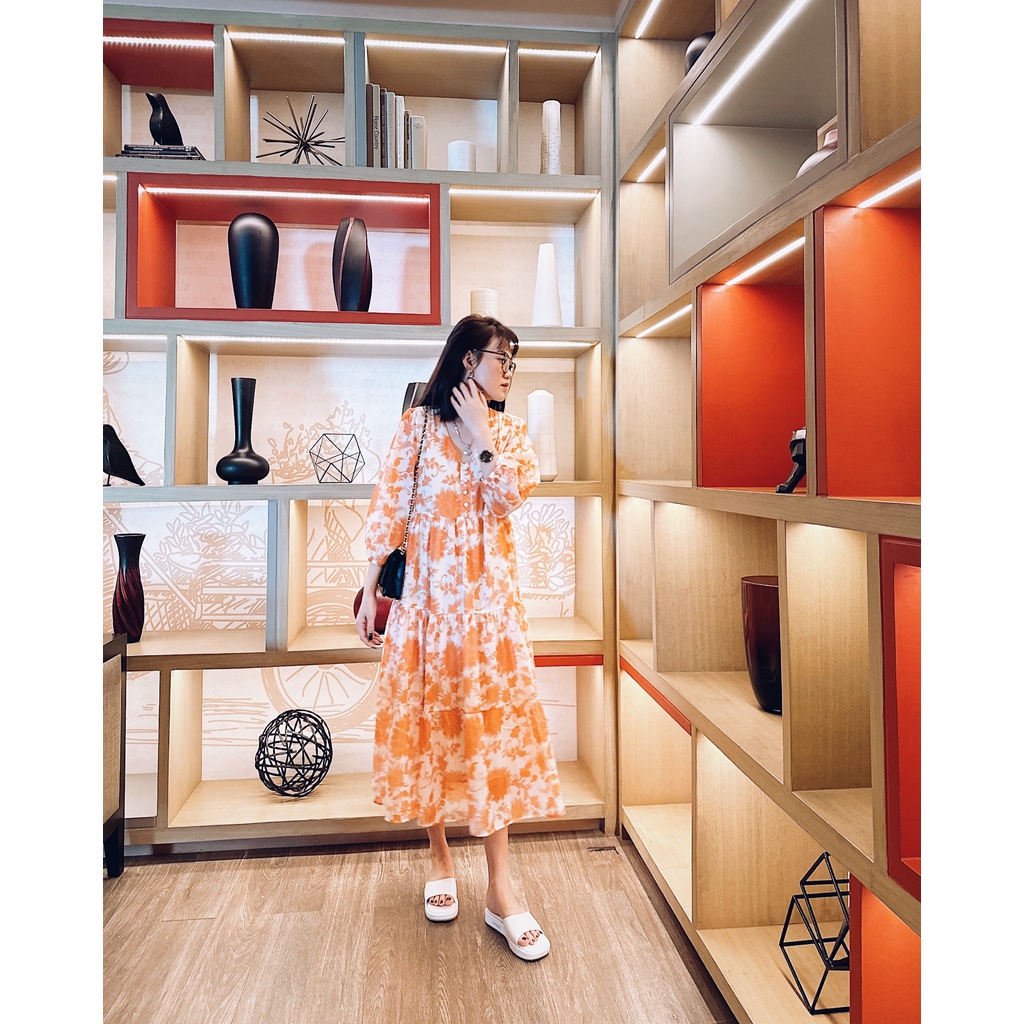 Đầm voan hoa dáng dài nút bọc phom suông rộng, đầm maxi voan hoa cam