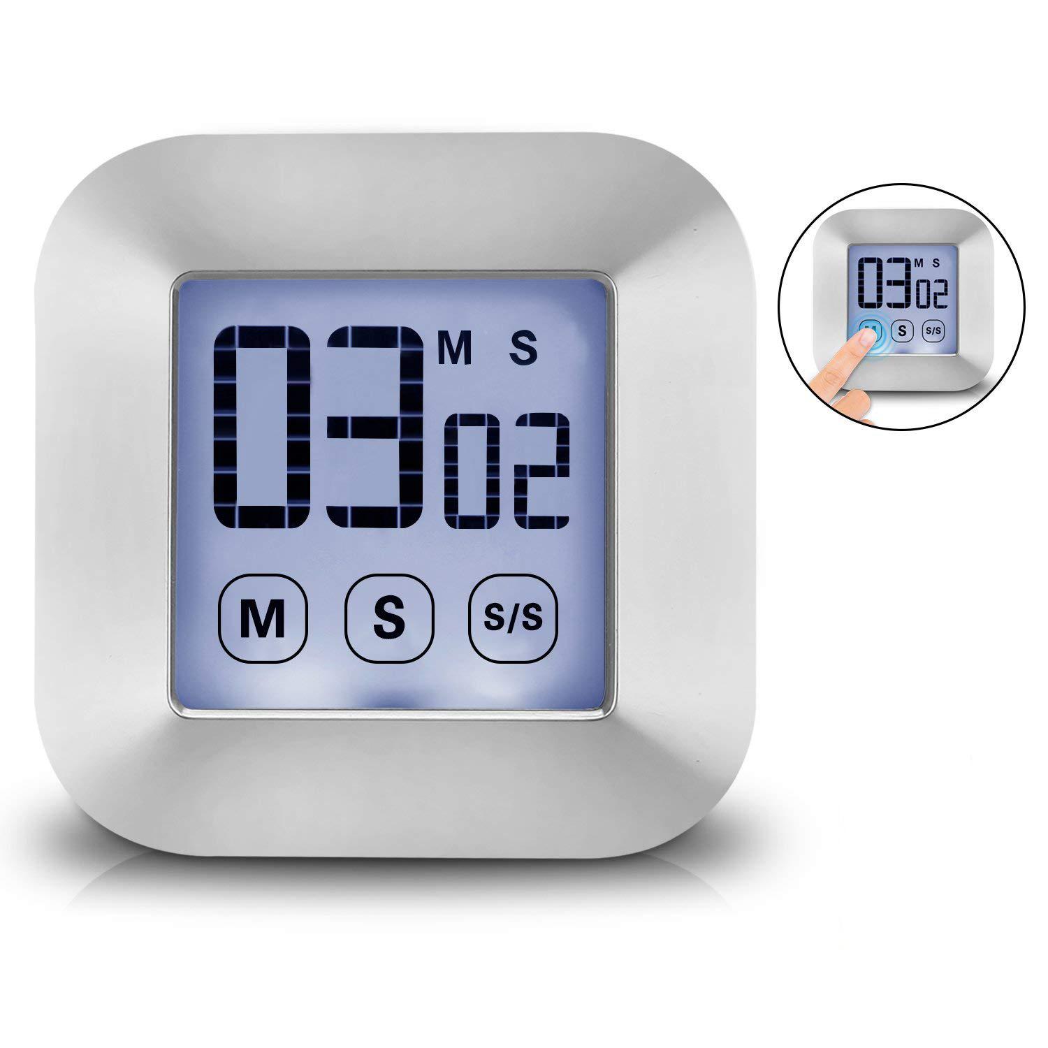 Touch screen digital kitchen timer smart large screen LCD display backlight cooking timer, loud alarm clock, countdown timer, magnetic and rear bracket (including 2 AAA batteries)