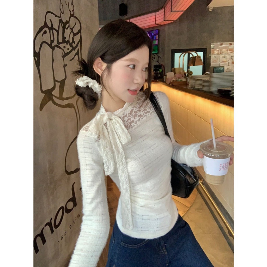   Vận chuyển từ Việt Nam áo thun tay dài áo thun ôm body áo thun trơn Cổ Tròn ren 