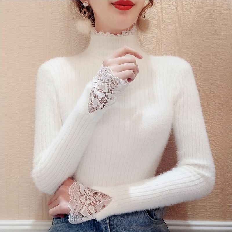 Imitation Mink Fur Sweater Women's New Autumn and Winter High Neck Base Shirt Lace Patchwork Top