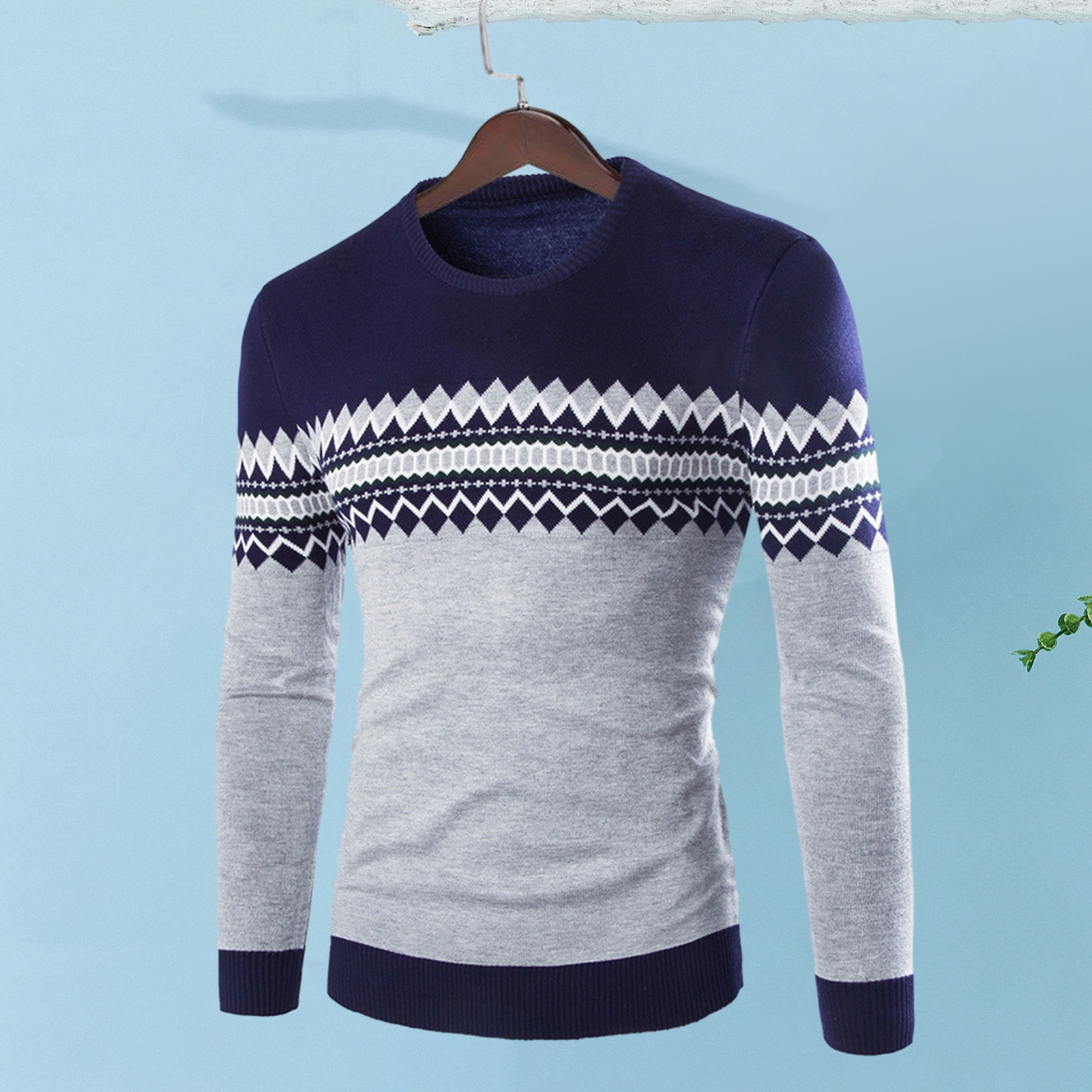 Trendy Round Neck Striped Sweater Men Loose Fit Sweater Men's Winter Sweater Classic Crew Neck Long Sleeve Thick Warm6_voghion.com