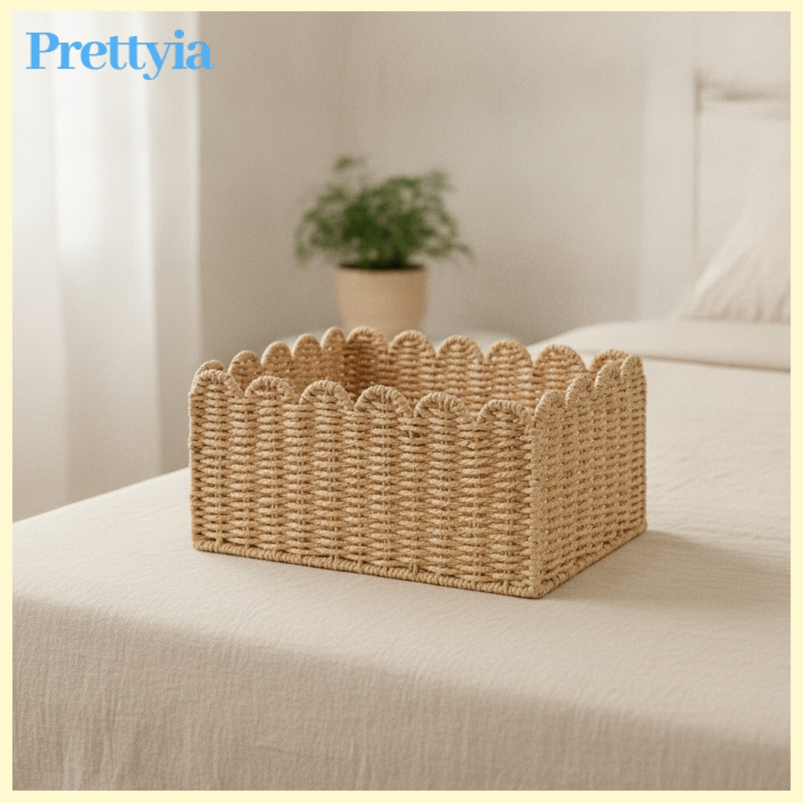 Prettyia Open-Top Paper Rope Storage Basket Long-Lasting Basket with Scalloped Rim Versatile Woven Storage Bin Multipurpose for Bathroom
