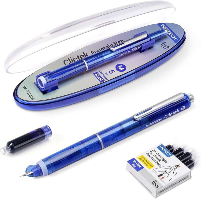 WRITECH Clictek Fountain Pen Set: Retractable Style Blue Medium Nib Transparent Barrel Includes 5 Ink Cartridges for Gift Set Smooth Writing No Leaking