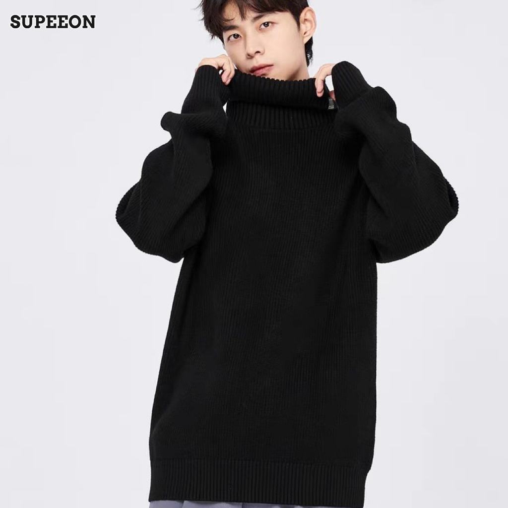 SUPEEON Men s sweater solid color sweater slim high collar bottoming long