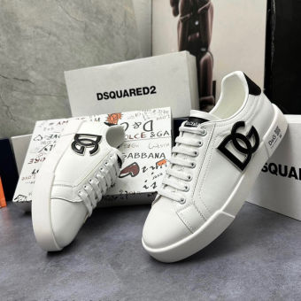 Giày thể thao sneaker nam Dolce da Pu trắng tag logo chữ DG đen bóng viền bạc đế cao su cao cấp